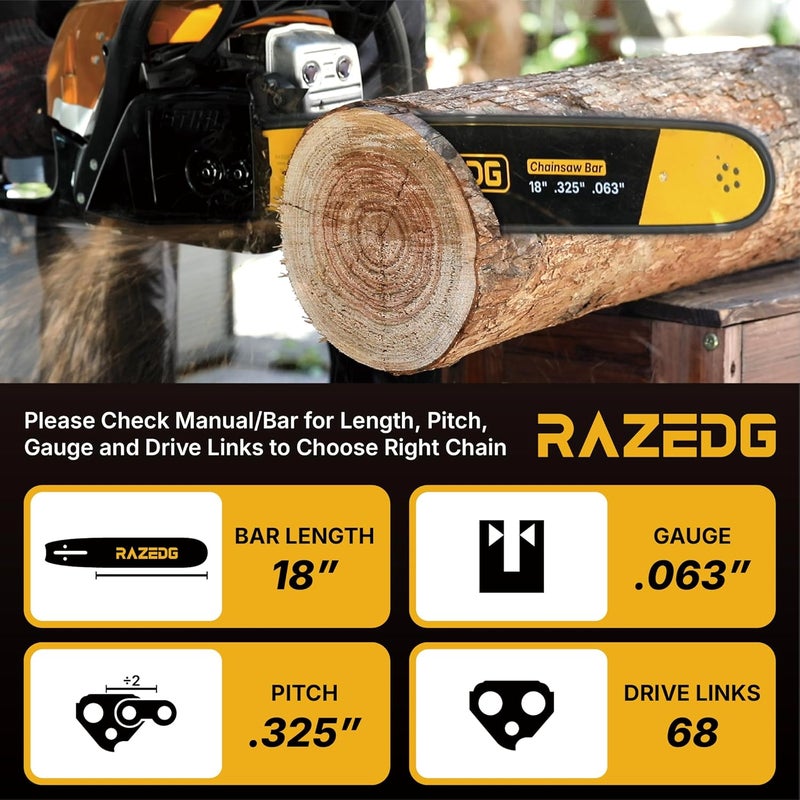 RazEdg Carbide Chainsaw Chain 18 Inch, .325" Pitch, .063" Gauge, 68 Drive Links, Fits Stihl 025, MS 250, MS 251(PRE 2023 .063" Gauge) and More (1 Chain) - Image 2